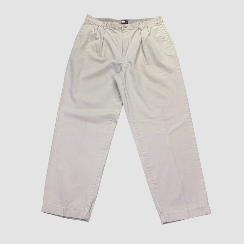 Vintage Tommy Hilfiger Pants Men's 38x32 Beige Chino Pleated Cotton Preppy 90s